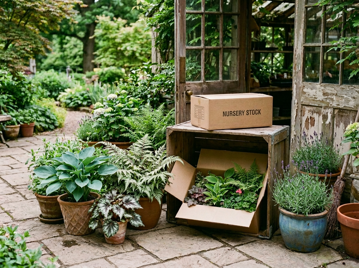 Plant nursery entrance with boxed stock and potted plants