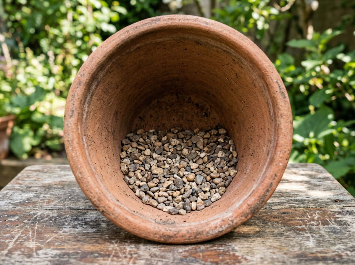 Empty terracotta pot containing small drainage stones on a wooden table