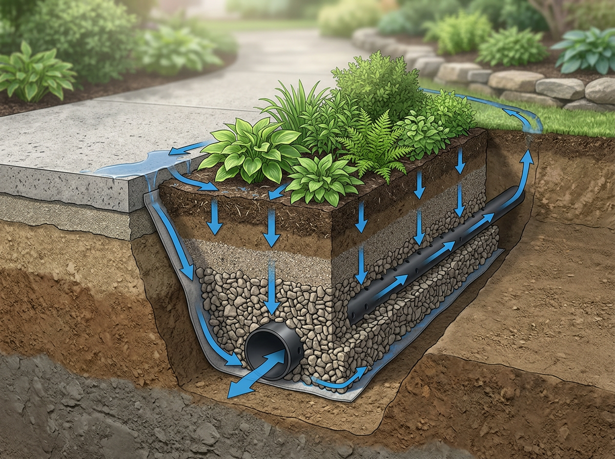 Cross-section of a rain garden directing runoff through soil and gravel into a drainpipe
