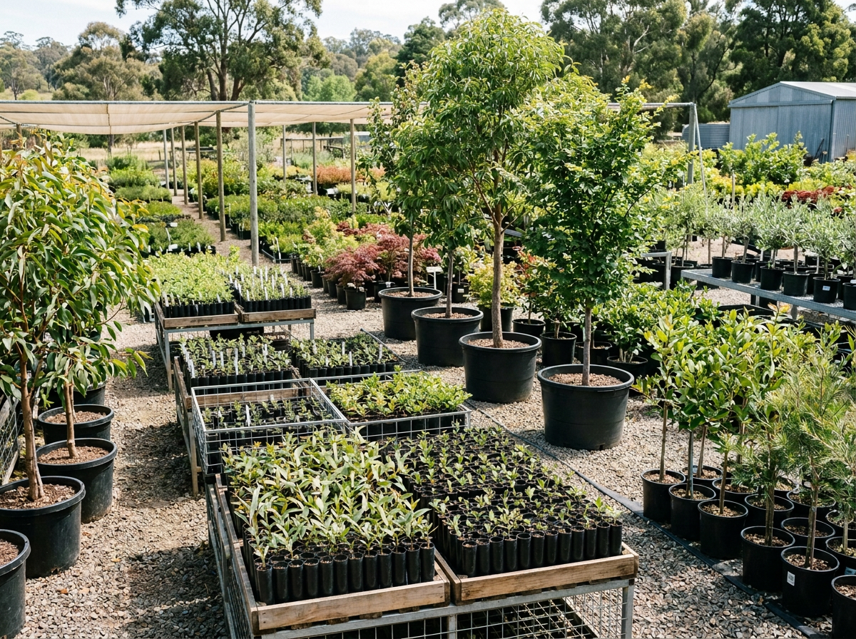 Worker tending nursery seedlings, with labels for Eucalyptus, Grevillea, Corymbia citriodora, and Ulmus parvifolia